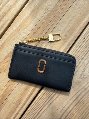 Marc Jacobs Black Leather Zip Card Holder with Gold Hardware